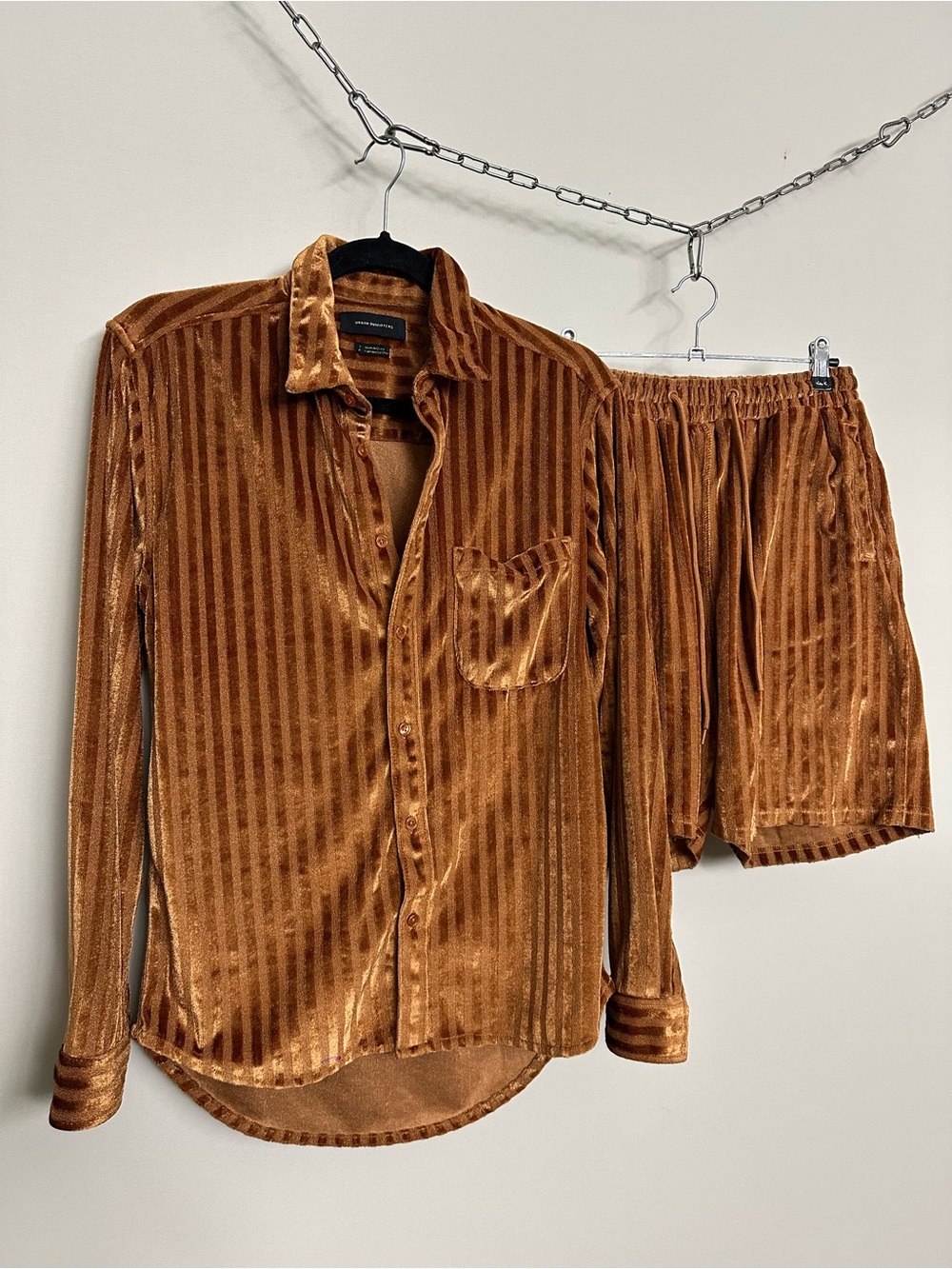 Urban Outfitters Striped Velour Shirt & Shorts Set in Rust